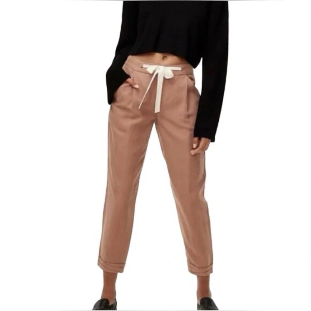 ARITZIA WILFRED 6 Earthy pink linen bland tie waist hidden buttonfly crop jogger